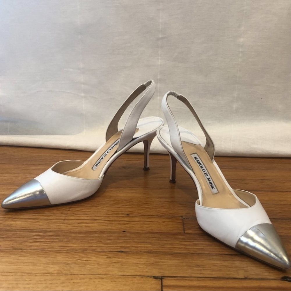 Manolo Blahnik White and Silver Heels
